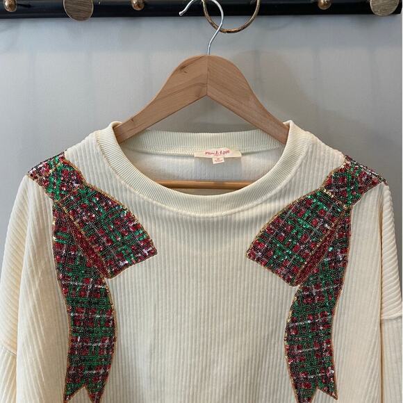Peach Love California M Sequin Plaid Bow Top | Holiday Party Pullover NWOT - Picture 3 of 9